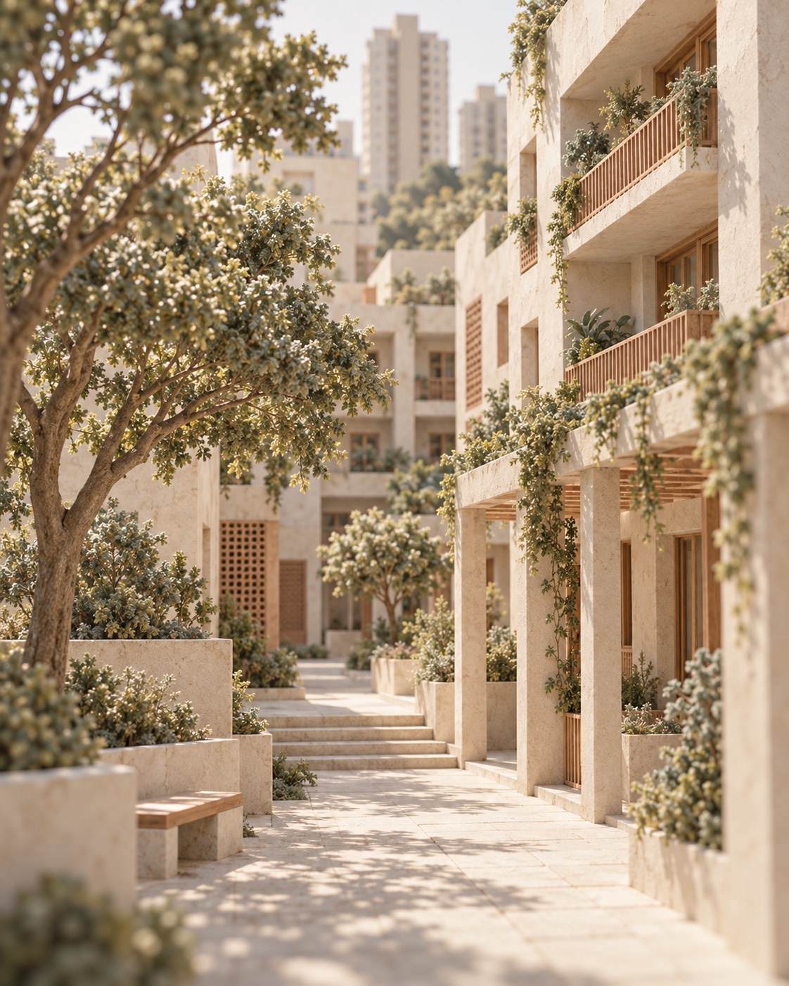 AI-generated conceptual courtyard with warm plaster architecture, trees and soft sunlight