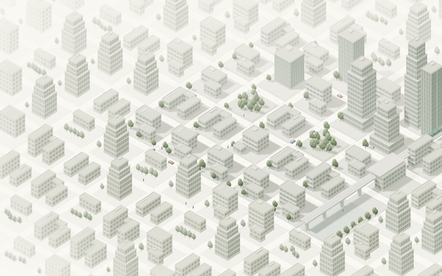 An imagined neighbourhood extending into a softly fading city